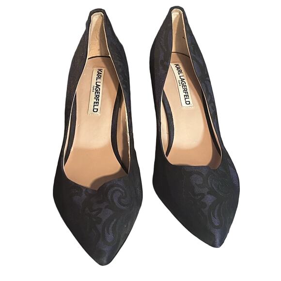 Karl Lagerfeld Brocade Pointed Toe Heels Size 9M Navy Black Pumps Evening Party - Picture 2 of 11